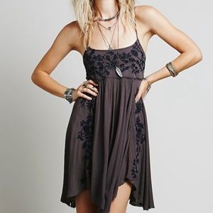 Free People Blue Babydoll Dress With Embroidered Flowers